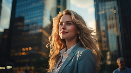 Close up portrait of young attractive businesswoman wearing smart clothes and smiling and looking absolutely happy posing outdoors city the background.の素材