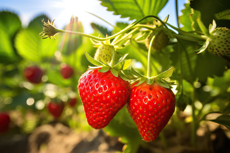 Harvesting of fresh ripe big organic red strawberry fruit in garden. Banner with strawberry plants in a planthouse.の素材