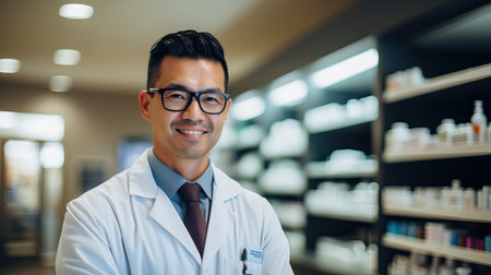 Handsome young male caucasian druggist pharmacist in white medical coat smiling and looking at camera in pharmacy drugstoreの素材