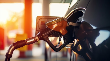 Car refueling with fuel at the refuel gasstation station. Close-up. Selective focus. Generative Ai.の素材