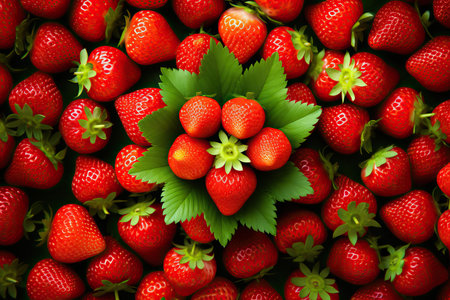 Harvesting of fresh ripe big organic red strawberry fruit in garden. Banner with strawberry plants in a planthouse.の素材