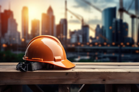 The importance of safety gear for construction workers and the presence of a helmet at a construction siteの素材