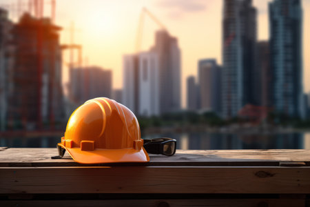The importance of safety gear for construction workers and the presence of a helmet at a construction siteの素材