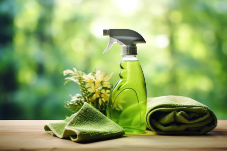 Green cosmetic product bottle with dispenser pump for skin, body or hair care with green leaves at green nature background, front view. Natural cosmetic concept, copy spaceの素材