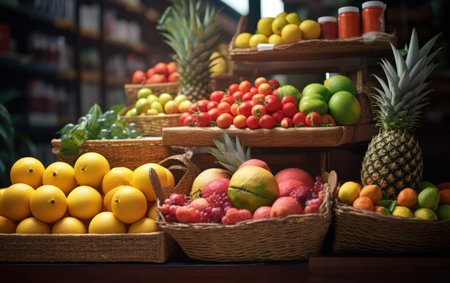 Apples, lemons, oranges, pomegranates, pineapples, peaches and strawberry. Various fruits in a street marketの素材