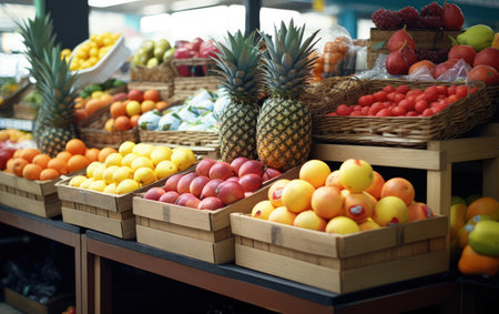Apples, lemons, oranges, pomegranates, pineapples, peaches and strawberry. Various fruits in a street marketの素材