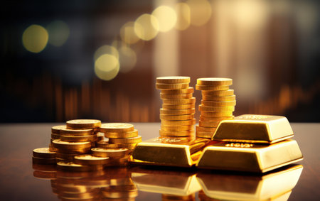 investment growth concept with stack of gold on stock market graph backgroundの素材