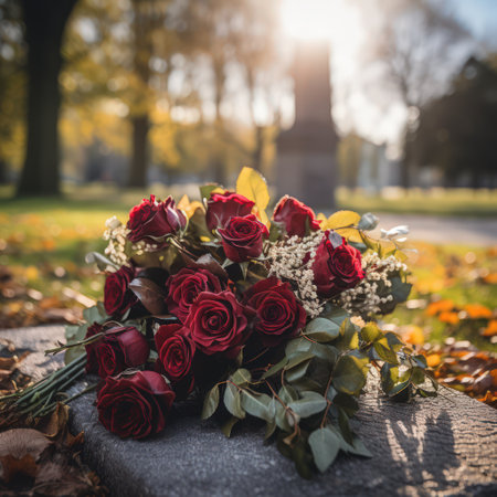 Red roses on black granite tombstone outdoors, space for text. Funeral ceremonyの素材