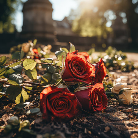 Red roses on black granite tombstone outdoors, space for text. Funeral ceremonyの素材