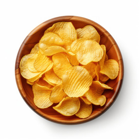 Bowl of crispy wavy potato chips or crisps isolated on a white background, top viewの素材