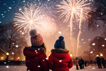Happy new year. Family watching fireworks. Parents and kids celebrate new year. Winter holiday party. Outdoor fun. Children, mother and father with sparkler watch firework show.の素材