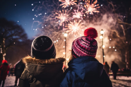 Happy new year. Family watching fireworks. Parents and kids celebrate new year. Winter holiday party. Outdoor fun. Children, mother and father with sparkler watch firework show.の素材