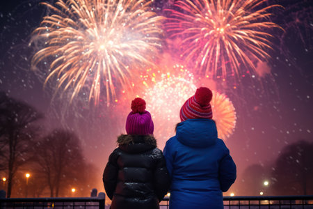 Happy new year. Family watching fireworks. Parents and kids celebrate new year. Winter holiday party. Outdoor fun. Children, mother and father with sparkler watch firework show.の素材