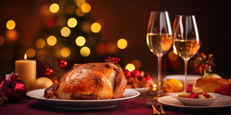 Christmas turkey dinner. Baked turkey garnished with red berries and sage leaves in front of Christmas tree and burning candlesの素材