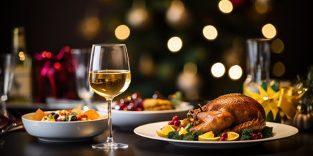 Christmas turkey dinner. Baked turkey garnished with red berries and sage leaves in front of Christmas tree and burning candlesの素材