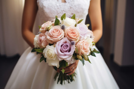 Beautiful wedding bouquet for the bride with white, rosy and purple rosesの素材