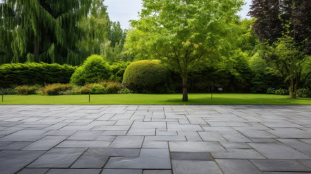 Garden landscape design with pathway intersecting bright green lawns and shrubs white sheet walkway in the garden. Landscape design with colorful shrubs. grass with bricks pathwaysの素材