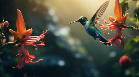 Fly detail, moving wings. White-bellied Woodstar, hummingbird. Bird from Tandayapa, Ecuador. Flying hummingbird in tropical forest.の素材