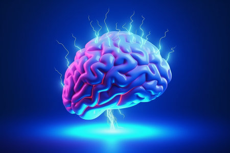 Human brain with electric lightning on blue background. 3D illustration generative aiの素材