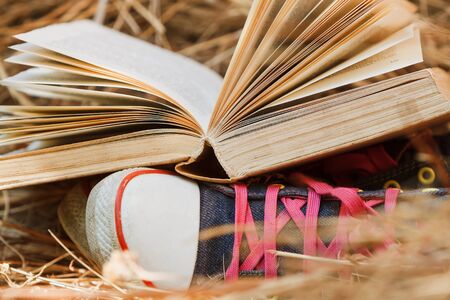 Open book and sports shoes.の写真素材