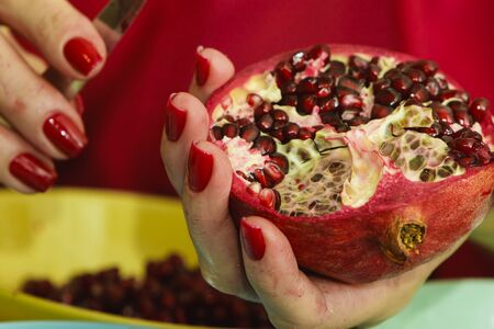 Pomegranate fruit in female handsの写真素材