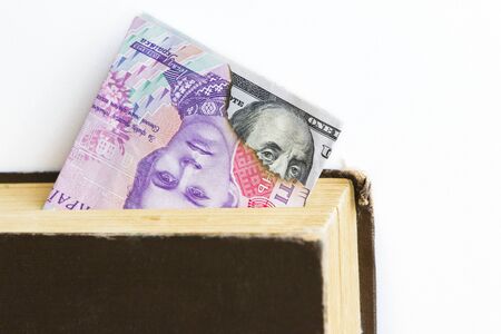 Currency and dollar in a book on white
