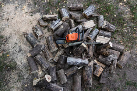 Lots of firewood with chainsaw.の写真素材