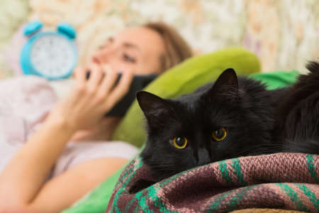A woman with a phone and a black catの写真素材