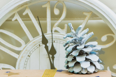 Christmas time and clock with Christmas decorations. New Year holidaysの写真素材