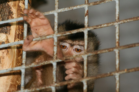 Close-up portrait of a monkey behind barsの写真素材