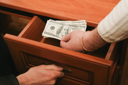 Transfer of banknotes of dollars from hand to hand, corruption and bribeの写真素材