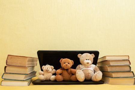Funny plush bears with books and laptop, difficult studies.の写真素材
