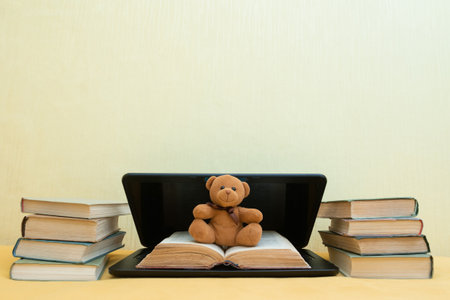 Little teddy bear with books and laptop, copy spaceの写真素材