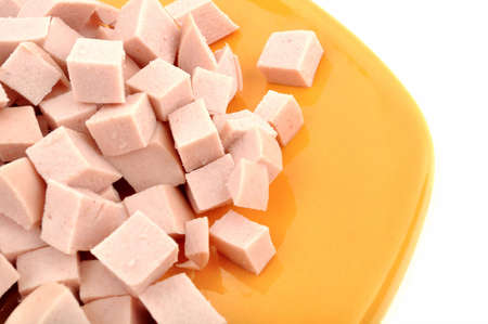 Diced Chopped sausage  on the bright backgroundの写真素材