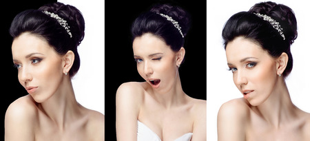 Young woman isolated on white and black studio background showing the different emotionsの写真素材