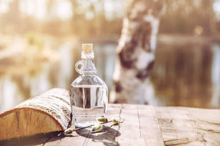 Fresh filtered birch tree juice sap in clear glass bottle on rustic yellow table, outdoors in spring, birch tree trunks on the background.の写真素材