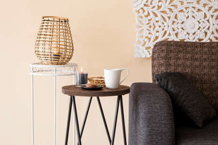 Modern minimalist home living room with oriental Asia style decorative elements. Carved wall panel,...