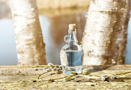 Fresh filtered birch tree juice sap in clear glass bottle on rustic yellow table, outdoors in...