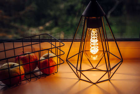 Modern black wire lamp with spiral light led bulb illuminated and wire basket next to it. Modern...