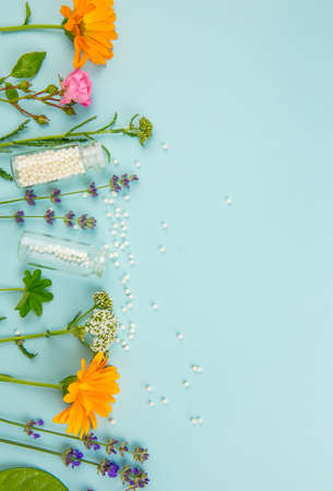 Flat lay view homeopathic medicine pills in jars and spilled around on light blue background, decorated with fresh various herbs and plants, flowers. Homeopathy border background, lot of copy space.の写真素材