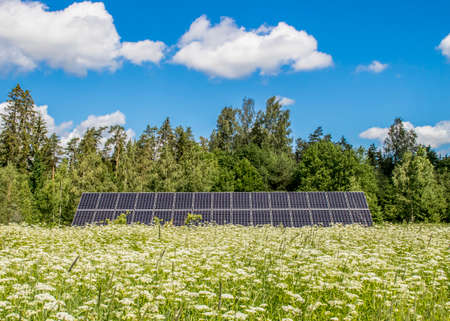 Small solar energy farm on beautiful natural meadow in nature. Renewable energy concept. Room for text.の写真素材