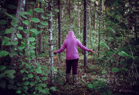 Confused person went to mushroom picking and got lost in the forest, disoriented scared and confused, northern Europe. Person lost in nature concept.の写真素材