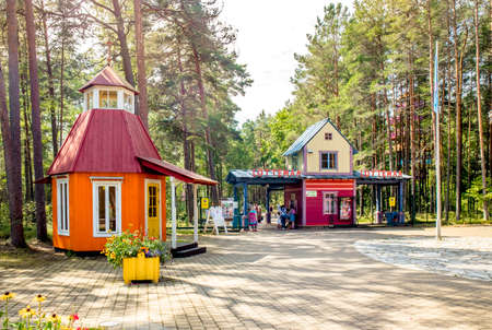 Reiu kÃ¼la, PÃ¤rnumaa/Estonia-23JUL2019: Children`s theme park called Lottemaa (Lotte village) with colorful wooden houses in forest, built by Lotte cartoon movie.のeditorial素材