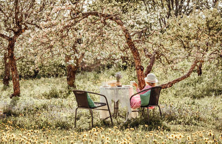 6 year old girl in pink summer dress sit on garden chair by garden table, under blooming apple trees on sunny spring day. Modern warm orange photo filter.の写真素材