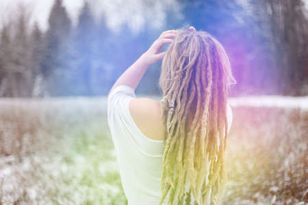 Personal aura color concept. What color is your aura concept? Young woman with different aura colors...