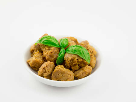 Ready to eat soy balls made of soya beans, alternative for meat. Soya chunks in bowl on white background.の写真素材