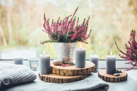 Ready for autumn. Common heather flower in zinc pot, home decor idea.  Set of cozy seasonal...