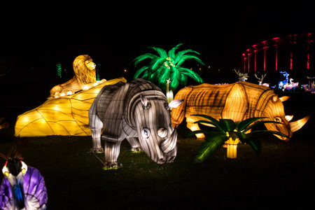Tallinn, Harjumaa- Estonia-21DEC2019: Traveling Festival of Light on Tallinn LauluvÃ¤ljak area in winter of 2019. Lot of silk sculptures illuminated with led lights.のeditorial素材