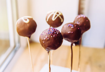 Chocolate covered bites also known as cake pops. Small glazed cakes on wood stick. Selective focus with room for text on white background.の写真素材