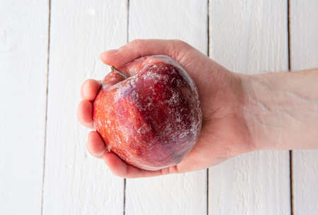 Man hand holding an red apple with white layer of protection wax partially dissolving after washing...